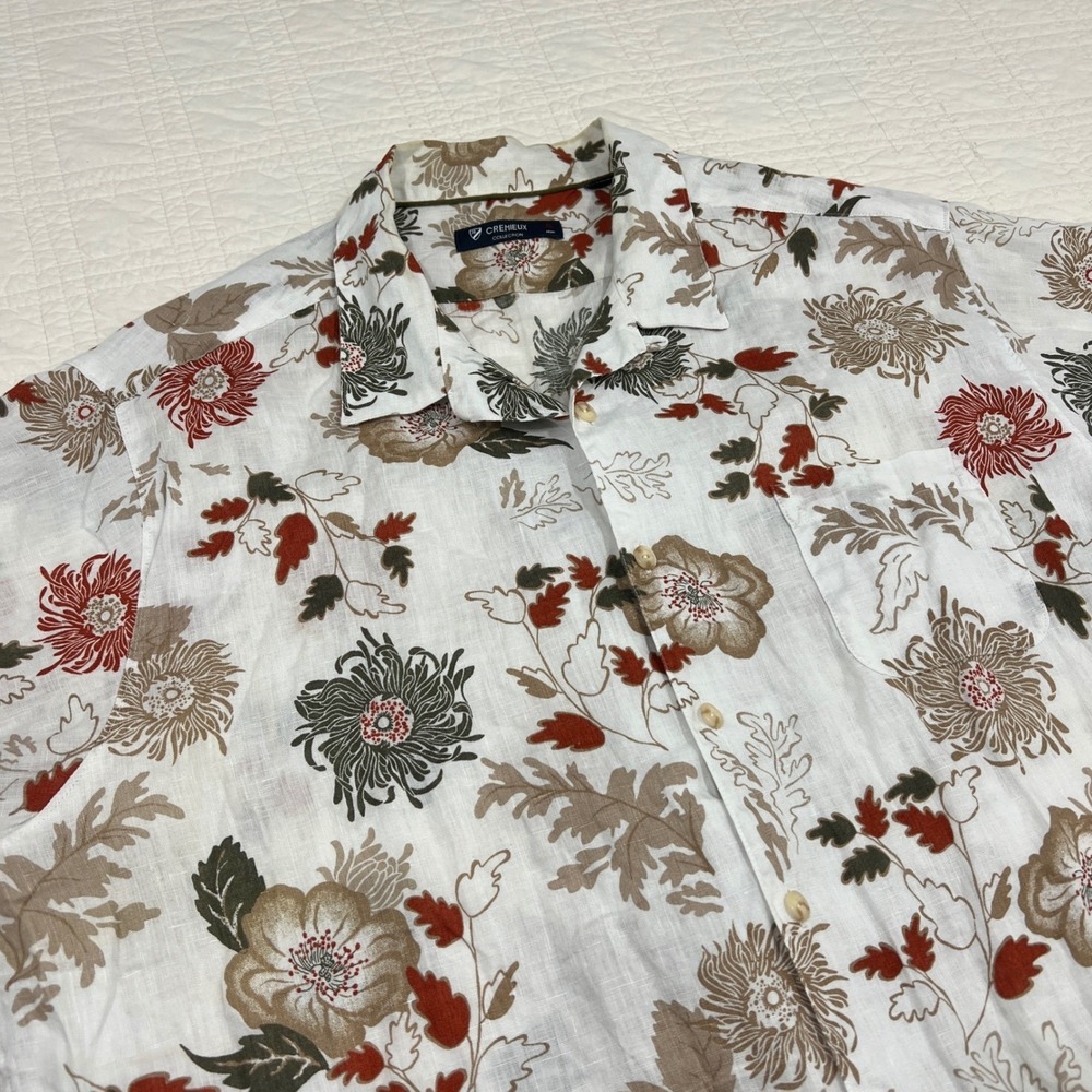 Cremieux Collection Mens XL 100% Linen Floral Short Sleeve Shirt White